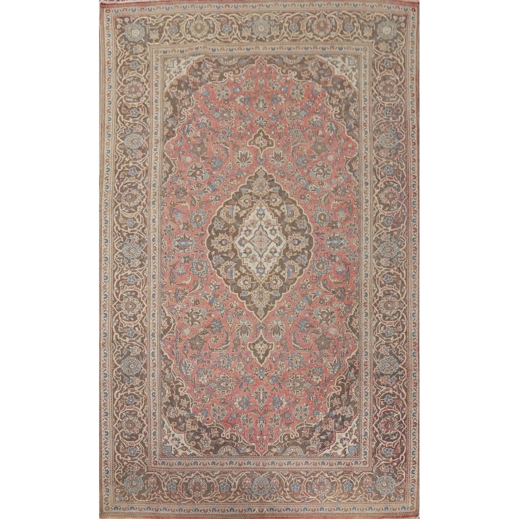 Pink Mashad Vintage Persian Area Rug Handmade Wool Carpet - 6'5" x 10'0"