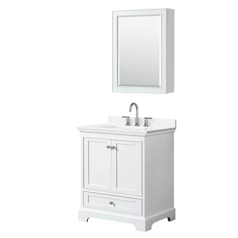 Deborah 30-inch Single Vanity, Quartz Top, Medicine Cabinet - White, Chrome Trim, White Quartz Top