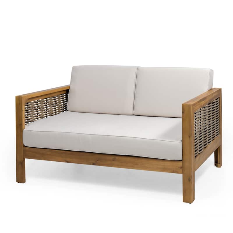Linwood Acacia Wood and Wicker Outdoor Loveseat and Coffee Table Set with Cushions by Christopher Knight Home