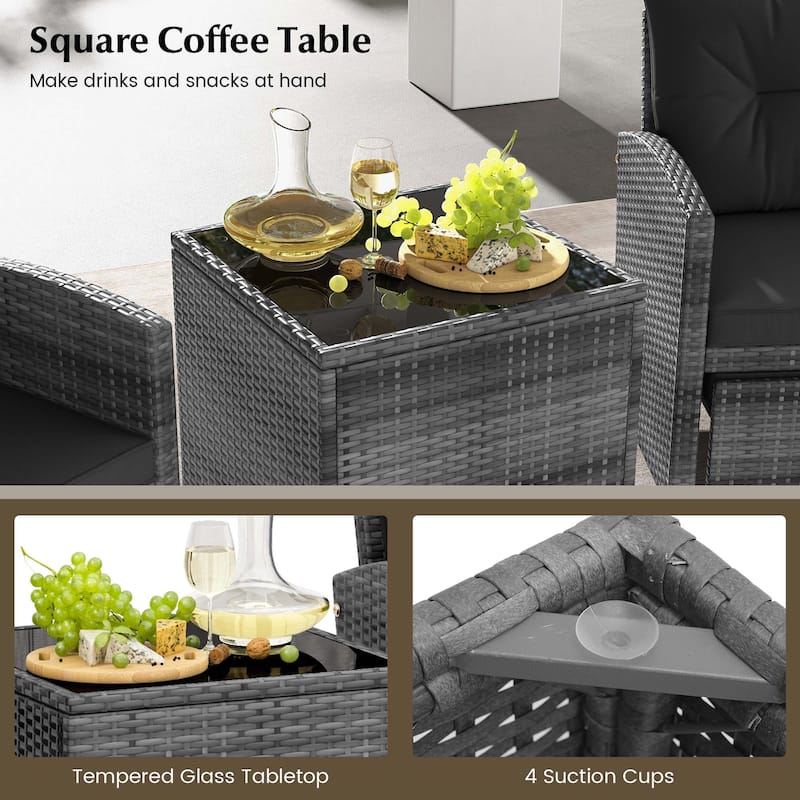 Gymax 5 PCS Rattan Furniture w/ 2 Ottomans & Tempered Glass Coffee
