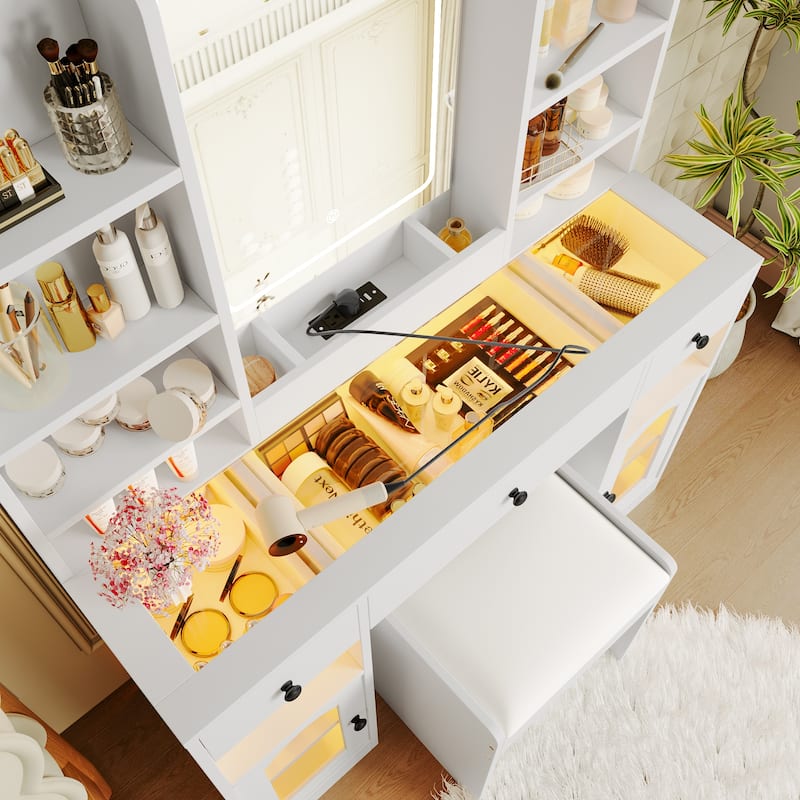 43" Glass Top Vanity Desk with LED Mirror & Stool, Modern Makeup Table with RGB Light Cabinets & 3 Drawers