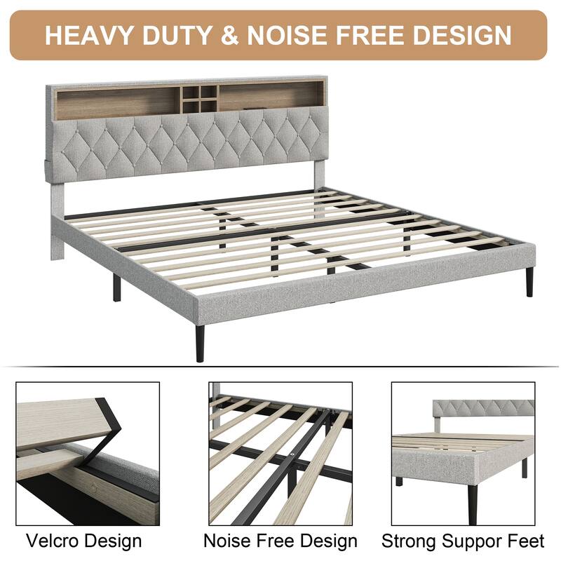 Queen Size Platform Bed Frame with Adjustable Storage Headboard, Built-In Charging Station, Sturdy No-Box Spring Design