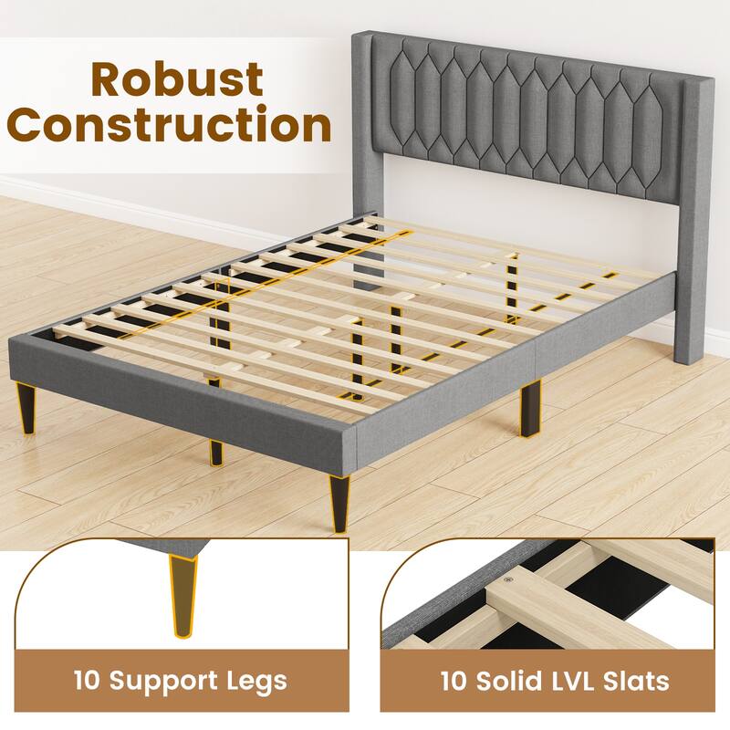 Modern Queen Velvet Upholstered Bed Frame with Cushioned Wingback and 10 Legs Slatted Platform