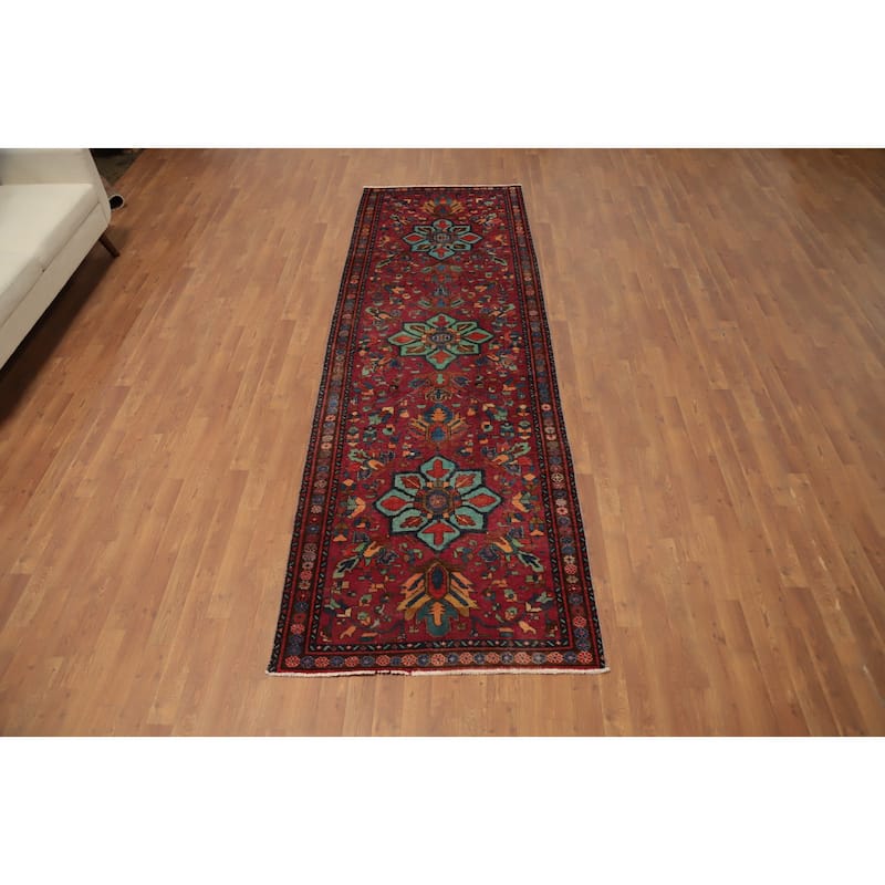 Hand Knotted Oriental 100% Wool Carpet Traditional Geometric Red Tabriz Runner Rug - 10' 9'' X 3' 6''