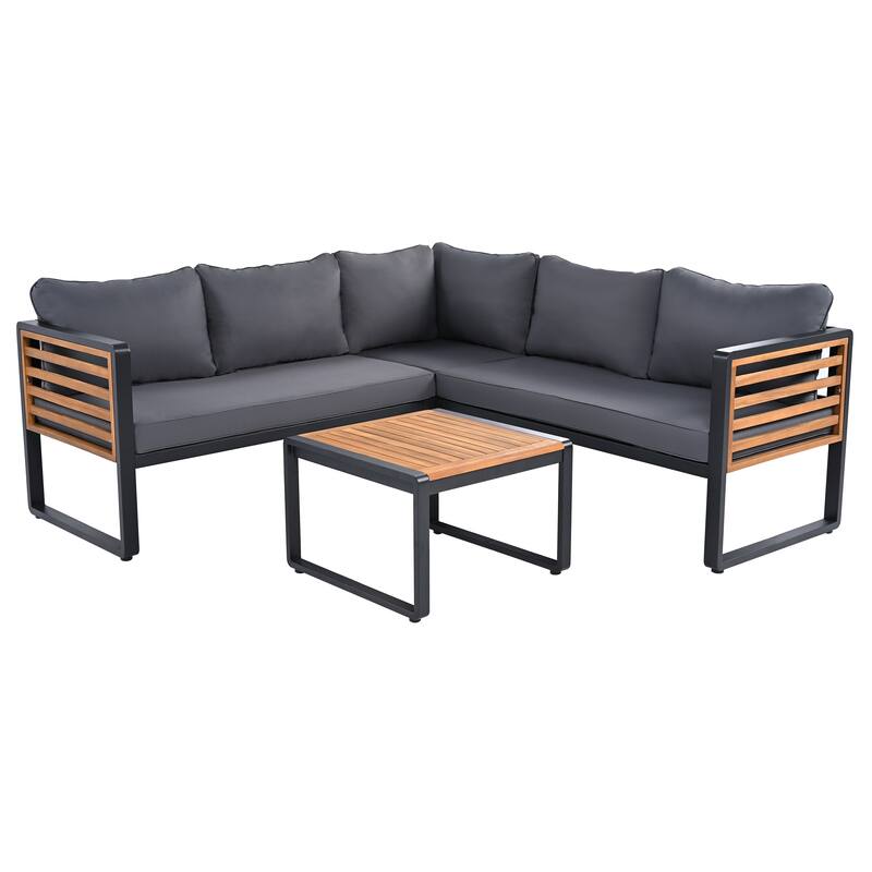 4 Pieces Outdoor Patio Conservation Set, Metal and Wood Frame Sectional L-shaped Sofa with Soft Cushion and a Coffee Tab