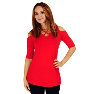 Simply Ravishing Women's Cold Shoulder Criss Cross Neck Half Sleeve Top (Size: S-5X)