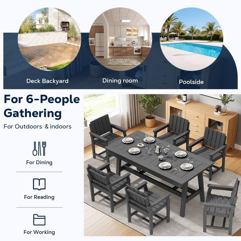 7-Piece HDPE Outdoor & Indoor Dining Set, Rectangular 67.91in W Table with Umbrella Hole and 6 Chairs Set of 7, Wood-Look Finish