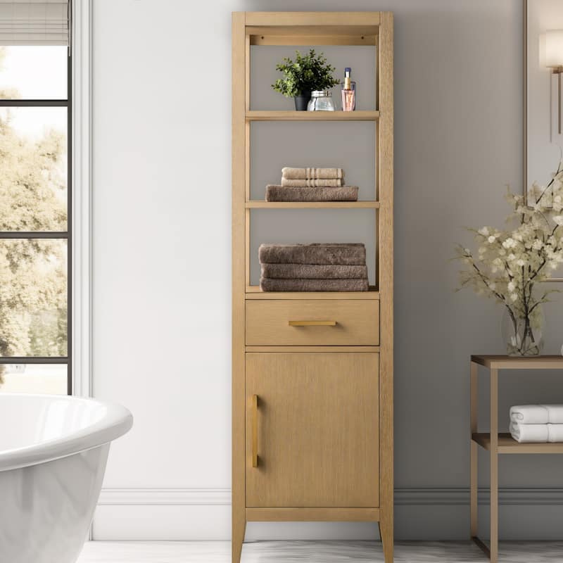 Vanity Art 72" Tall Tower Bathroom Linen Cabinet with Soft Close Door and Drawer - 21"/Golden Brushed Handle - Natural Oak
