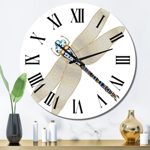 Designart 'Dragonfly Rooch Made Out of Gold and Precious Stones' Modern wall clock