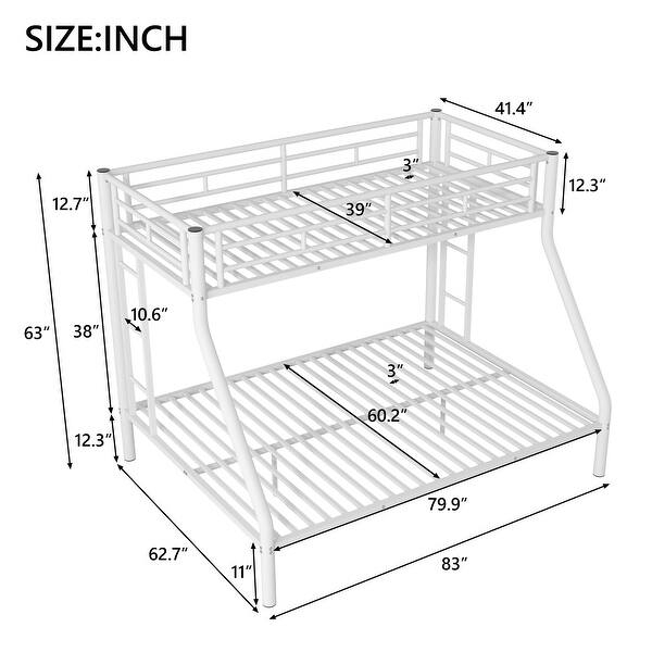 White Twin XL over Queen Size Metal Bunk Bed with Ladder, Fence and Guardrails for Kids, Boys and Girls, Bedroom