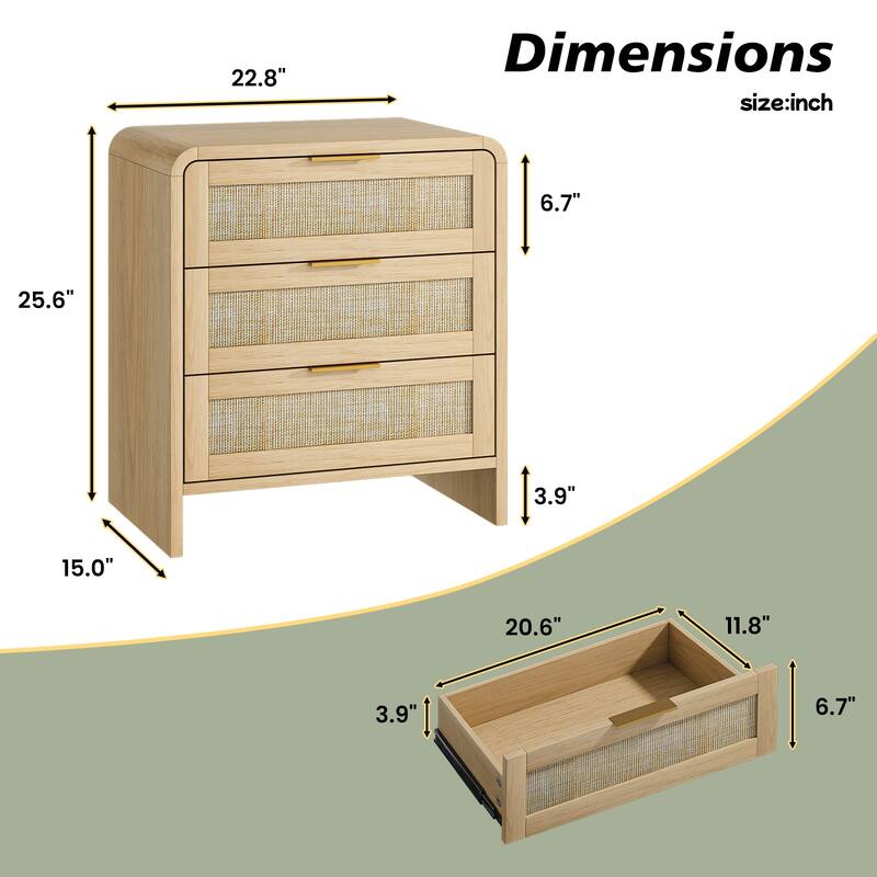 Rattan Nightstand with 3 Drawers, 22.8" Wide Curved Wooden Bedside Table, Modern Storage for Bedroom
