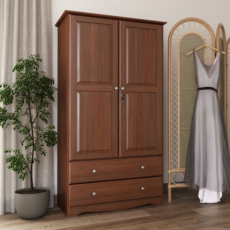 Palace Imports 100% Solid Wood Smart Wardrobe Armoire with 2 Drawers, Metal or Wooden Knobs - Mocha-Metal Knobs