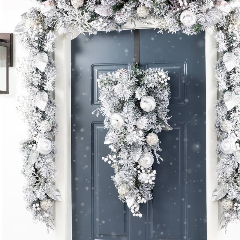 Glitzhome Christmas Berry Bow Pinecone Bell Holy Leaf Teardrop Swag Xmas Wreath