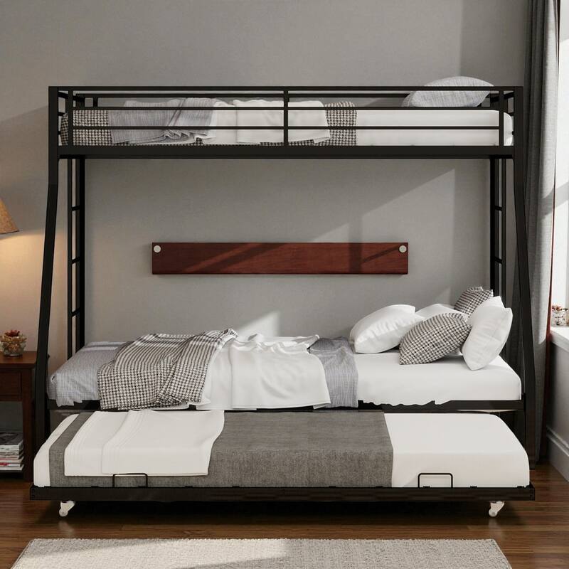 Full Size Metal Bunk Bed with Ladder and Rolling Trundle, Square Tube Frame, Heavy-Duty Triple-Sleeper for Home or Dorm - Black - Queen
