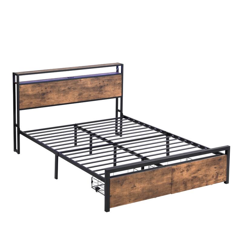 Queen Size Bed Frame with Storage and 2 Drawers