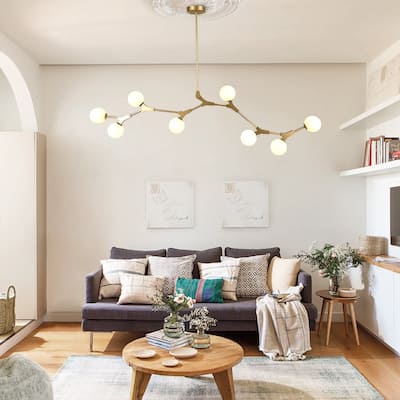 Mid-century 8-light Branch Opal Glass Globe Linear Island Chandelier