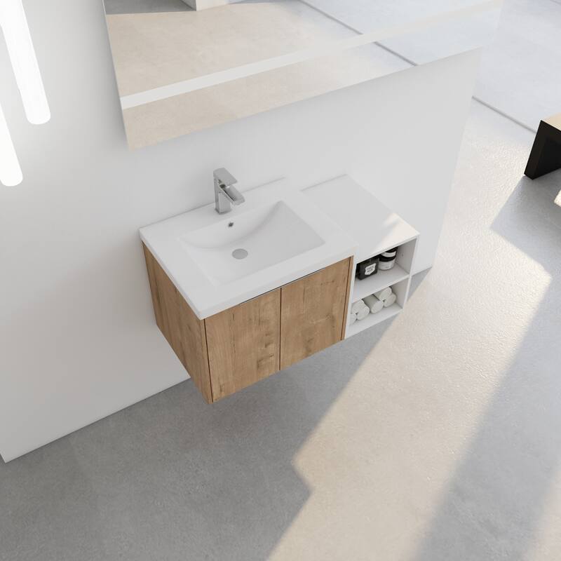 36" Wall-Mounted Bathroom Vanity with Resin Sink, Soft-Close Doors, Small Storage Shelves for Modern Bathrooms