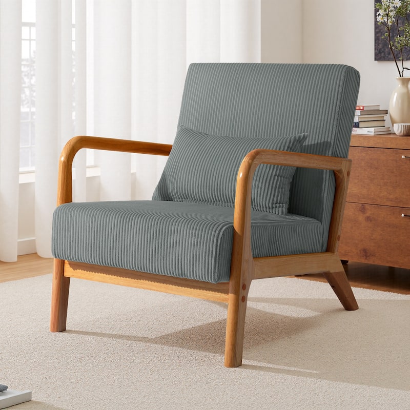 25" W Mid Century Upholstered Wood Accent Chair with Pillow - Dark Wood - Grey