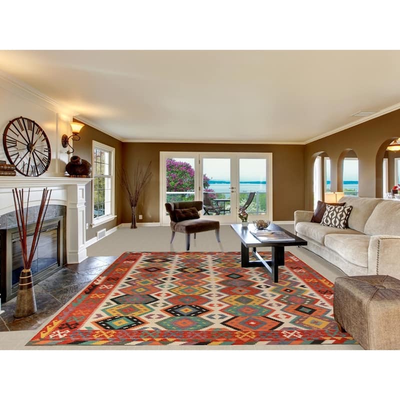 Geometric Kilim Oriental Area Rug Hand-Woven Reversible Wool Carpet - 8'8"x 11'2"
