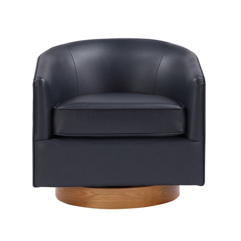 Maisy Midnight Blue Faux Leather Wood Base Barrel Swivel Chair