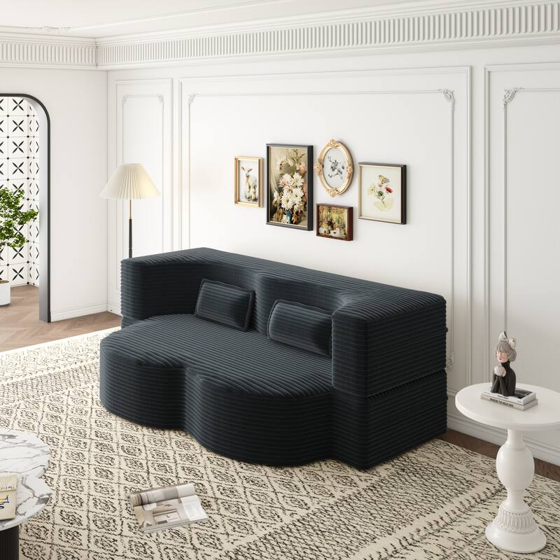 Modern Floor Sofa with 2 Pillows,Convertible Plush Corduroy Foam-Filled Sleeper Sofa Bed,15" Full Size Folding Mattress