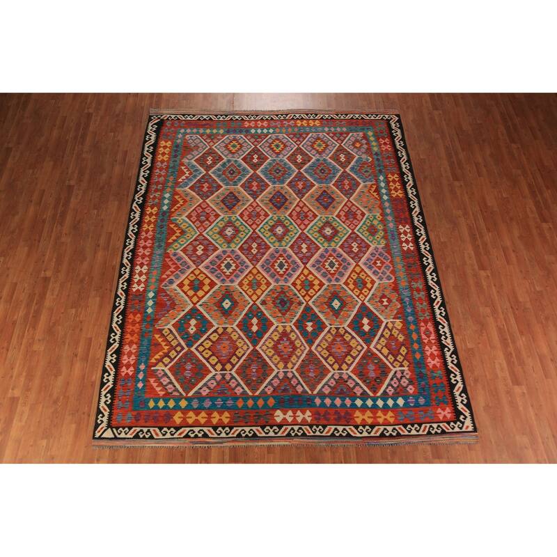 Geometric Kilim Oriental Area Rug Hand-Woven Bedroom Wool Carpet - 8'6"x 11'1"