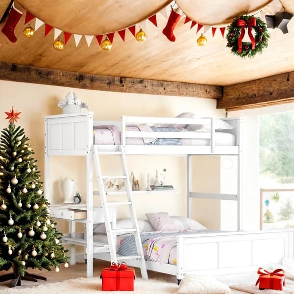 slide 2 of 28, Lovely Twin Over Full Bunk Bed with Desk White