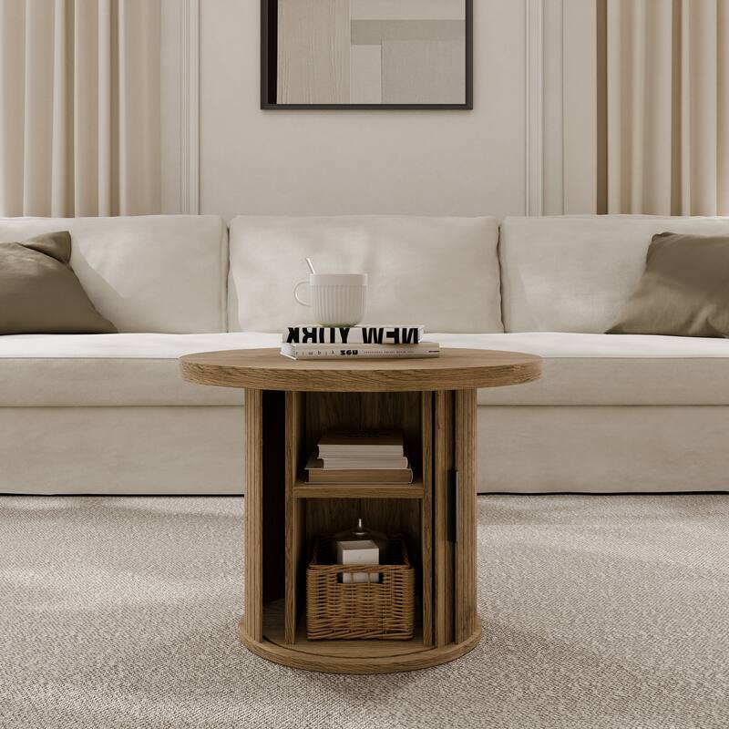 Mid Century Modern Round Coffee Table with Storage, Tambour Door Design Table for Living Room - 17.7'' H X 23.6'' L X 23.6'' W - Brown