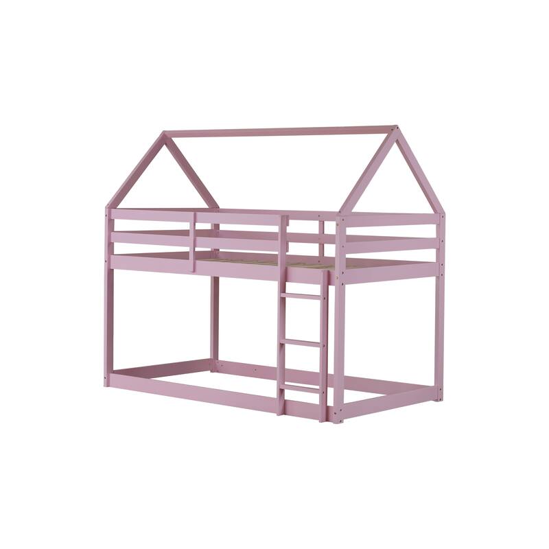 Twin over Twin Rubber Wood Floor Bunk Bed, with ladder,Guardrails,House-Shaped-Bunk Bed