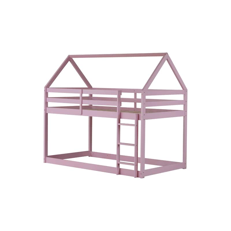 Twin over Twin Rubber Wood Floor Bunk Bed with Ladder, Guardrails, and House-Shaped Design, Pink Kids Bunk Bed