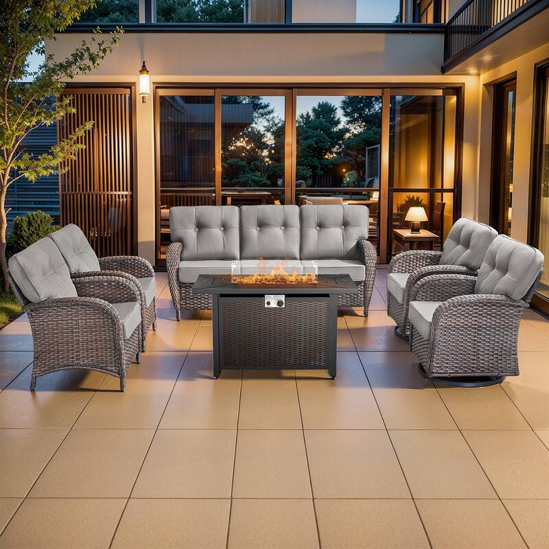 Pocassy Outdoor 43 In Fire Table with Sofa Patio Swivel Chair Set - Brown Wicker Gray Cushion - 6-Piece Sofa Patio Swivel Chair with Fire Table