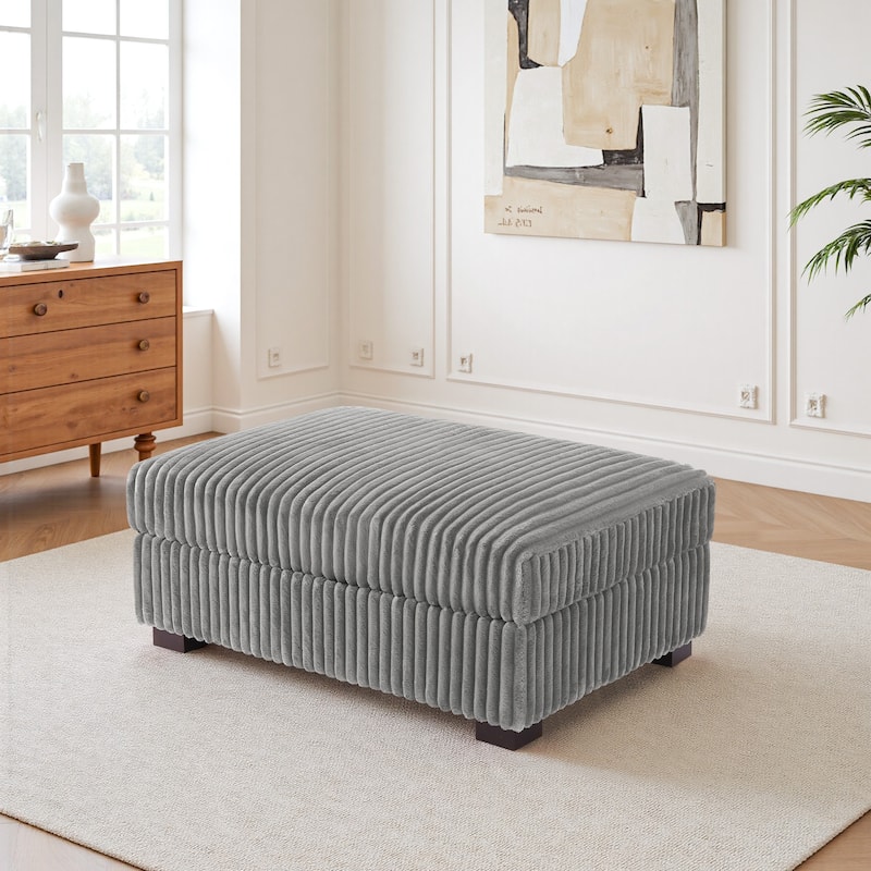 41" W Plush Corduroy Upholstered Rectangular Ottoman - Light Grey
