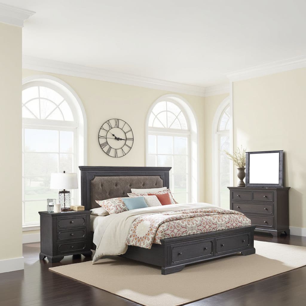 Aly Four Pc Queen Bedroom Set, Brown Polyester Upholstery, Storage Footboard, Gray