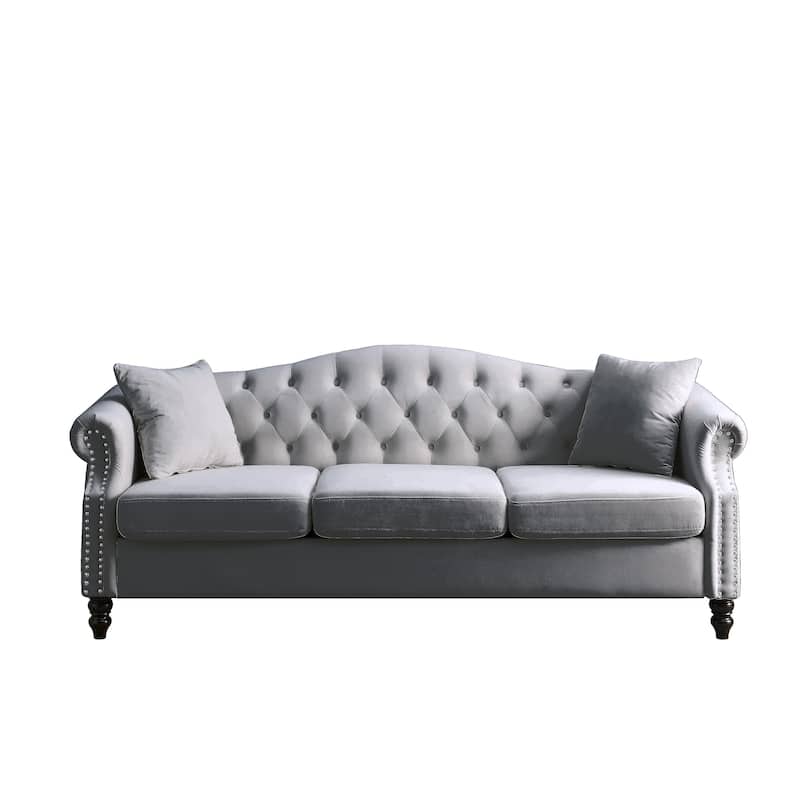 Velvet Upholstered 3 Seater Sofa, Button Tufted Deep Seat Sofa, Lounge Sofa with 2 Pillows, Rolled Arms & Nailhead Trim