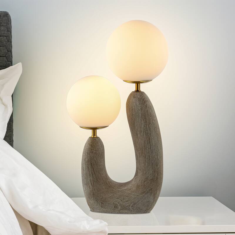 Oda 18" 2-Light Mid-Century Scandinavian Resin/Iron/Frosted Glass Cactus LED Table Lamp, Gray Wood Finish by JONATHAN Y