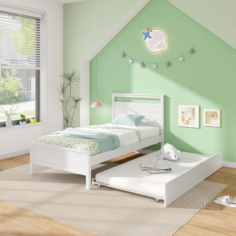 Trundle Bed Twin Wood Day Bed Frame w/Headboard Twin Bed