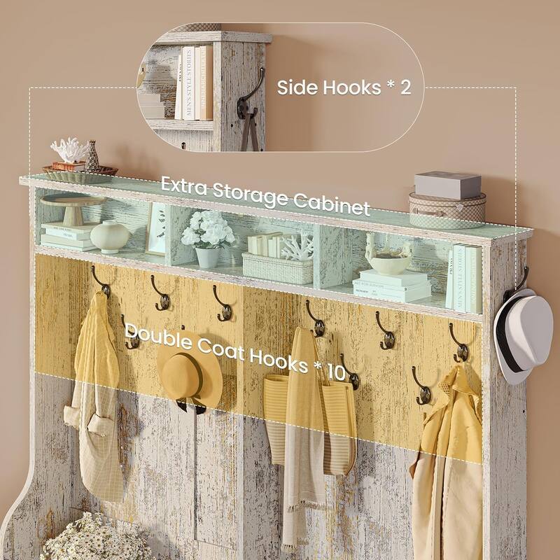 Hall Tree w/ Bench Shoe Storage Shoe Cubby Barn Door Adjustable Shelf