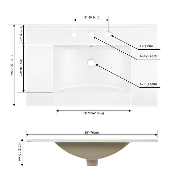 dimension image slide 3 of 4, JONATHAN Y Aubert 3-Hole Rectangular Ceramic Single Sink Basin Vanity Top