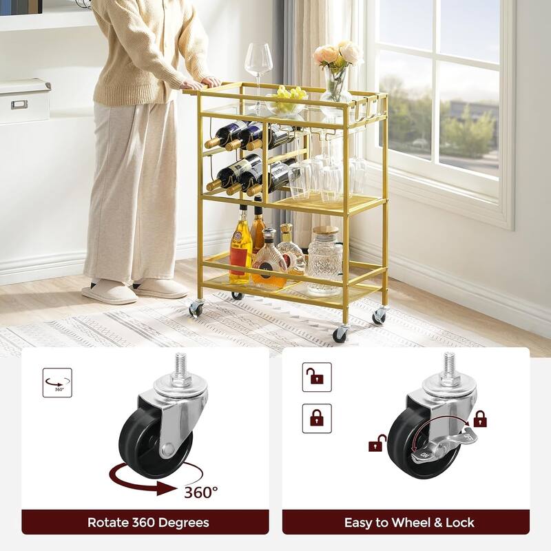 3-Tier Serving Cart with Wheels, Handle, Wine Rack, and Glass Holders