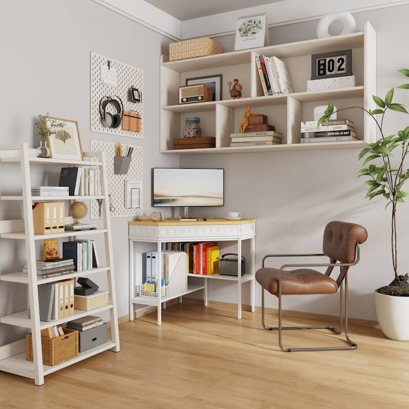 360° Rotating Corner Desk with Pull-Out Keyboard Tray – Small Space L-Shaped Computer Desk White & Oak