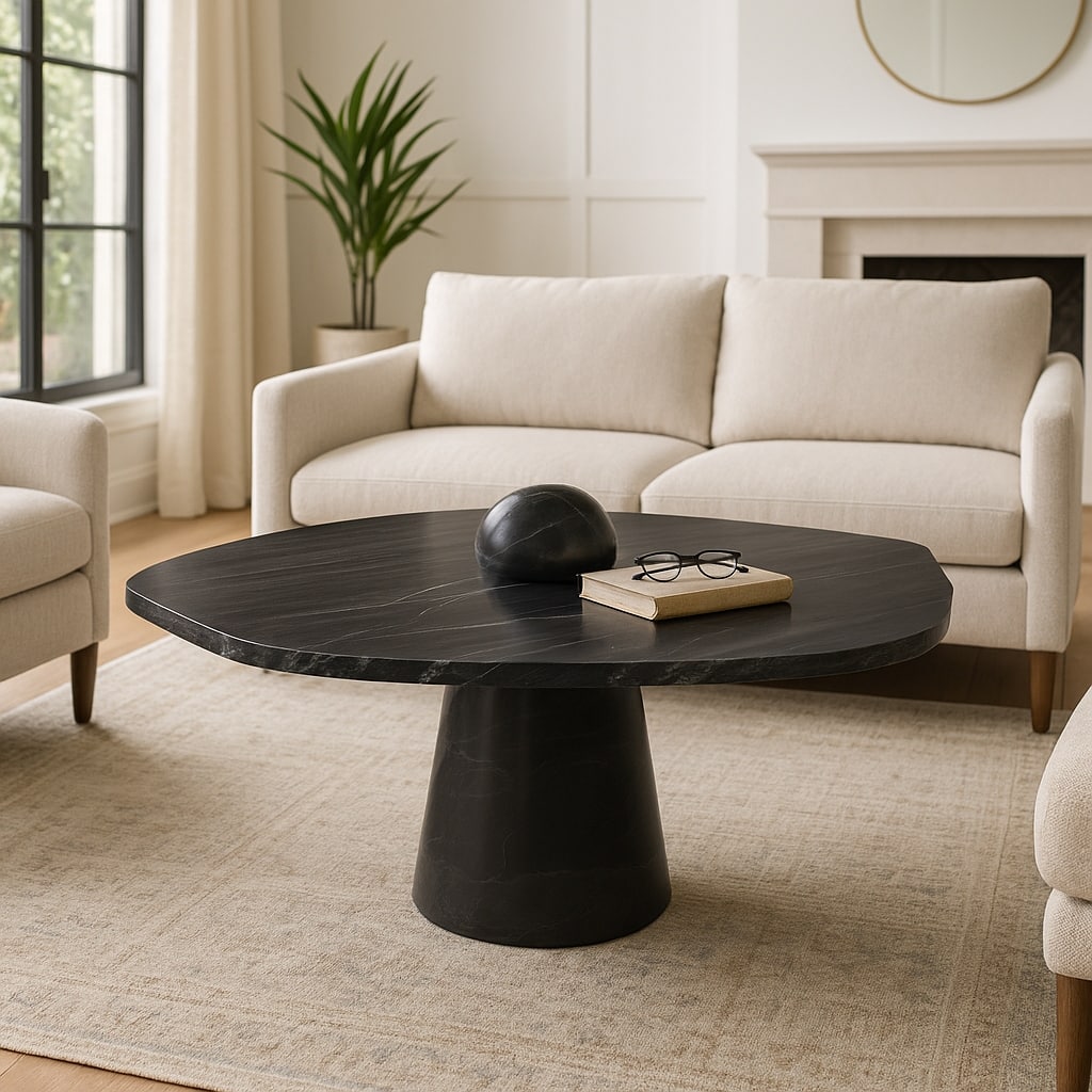 Stylish Marble Coffee Table with Sculptural Pedestal Base - 36", Black - 36.0"