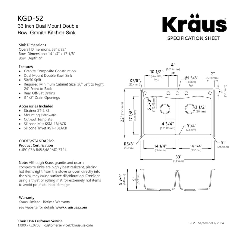 KRAUS Forteza Granite 33 inch 50/50 Undermount Drop-in Kitchen Sink