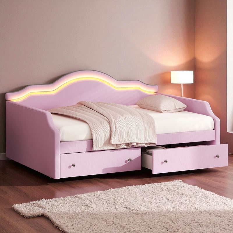 Twin/Full Size Upholstered Daybed with LED Lights, 2 Storage Drawers, Velvet Frame, No Box Spring Required