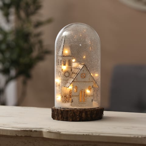 Lighted Christmas Snow-Covered White Church Glass Dome Battery-Op Lantern