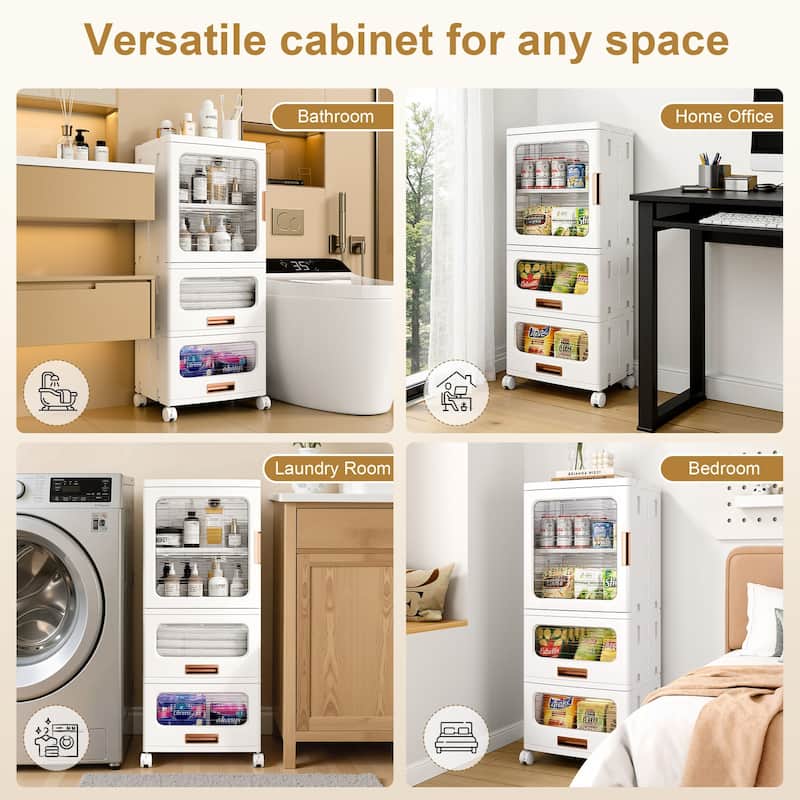 Javlergo Versatile White 5-Tier Rolling Storage Cabinet with Transparent Doors & Drawers Multi-Room Organizer with Wheels