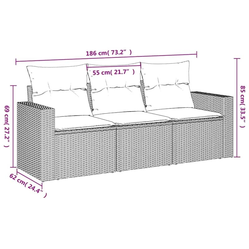 vidaXL Patio Sofa Set with Cushions Outdoor Conversation Furniture Poly Rattan - 25.8" x 24.4" x 27.2"