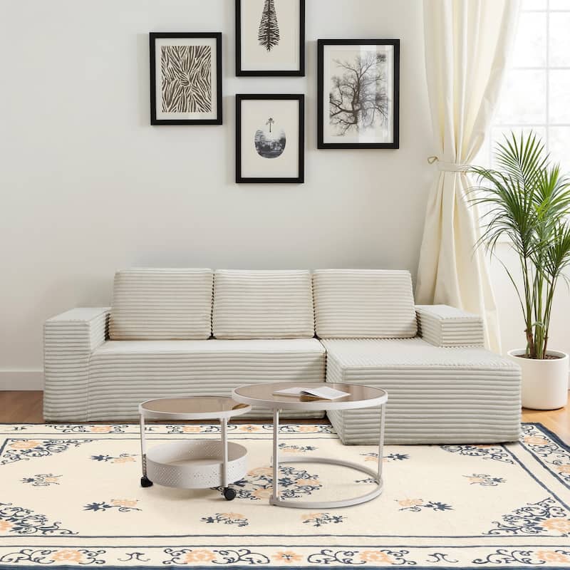 Meyreso No Assembly Required Long Plush L-Shaped Sectional Sofa with Round Nesting Coffee Tables - Beige - Left Chaise