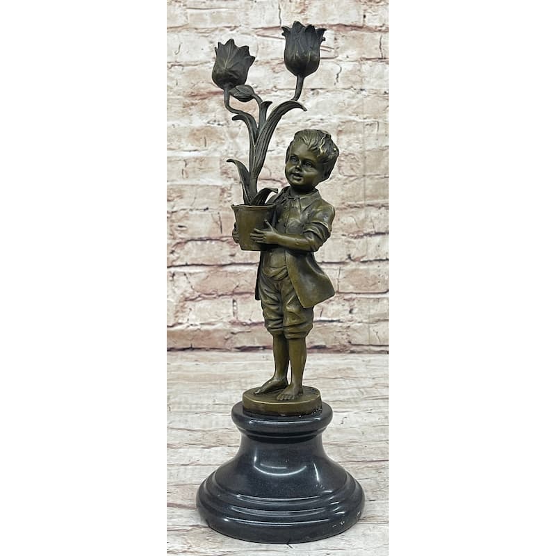 Original Aldo Vitaleh Boy Holding A Tulip Vase Bronze Candle Holder Sculpture