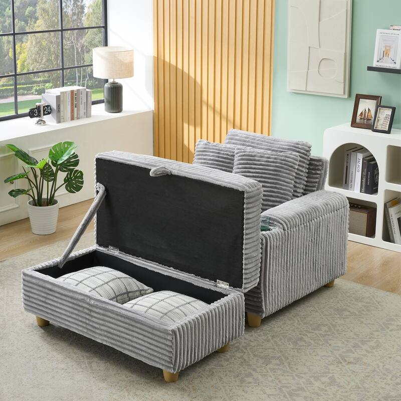 Grey Corduroy Single Sofa with Storage and Comfort Features - Multi-Color
