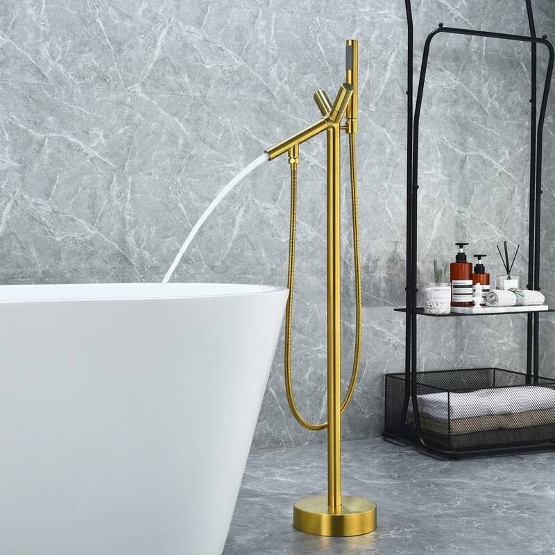 Altair Brulon Double Knob Handle Freestanding Floor Mounted Tub Filler with Handshower - Brushed Gold